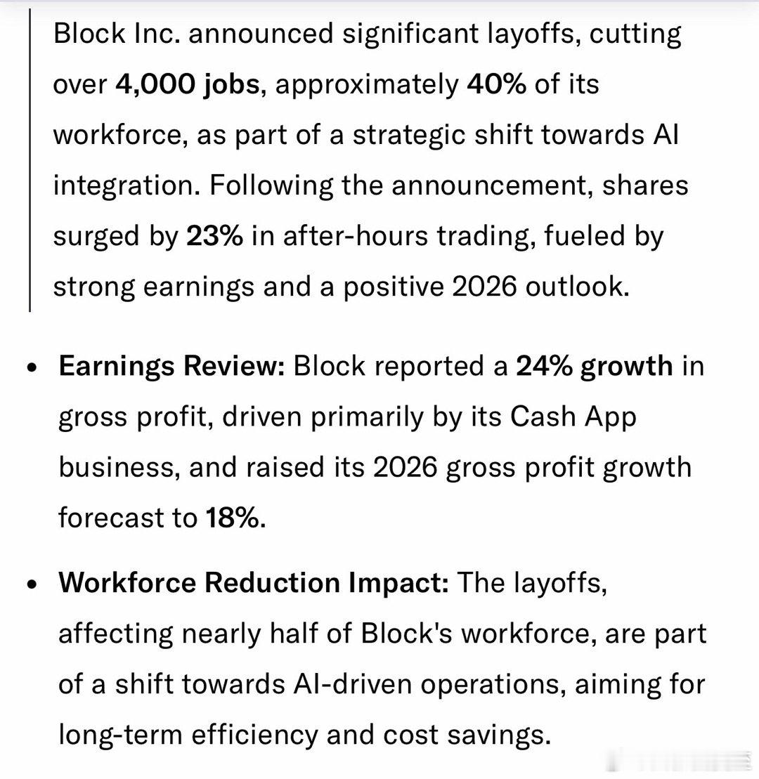 付款系统Block宣布裁员40%，朝AI“战略整合”股价盘后📈23%Block