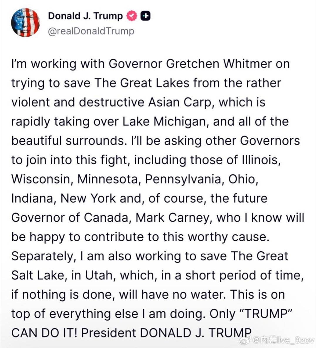 特朗普称马克·卡尼为“加拿大未来的州长”。 