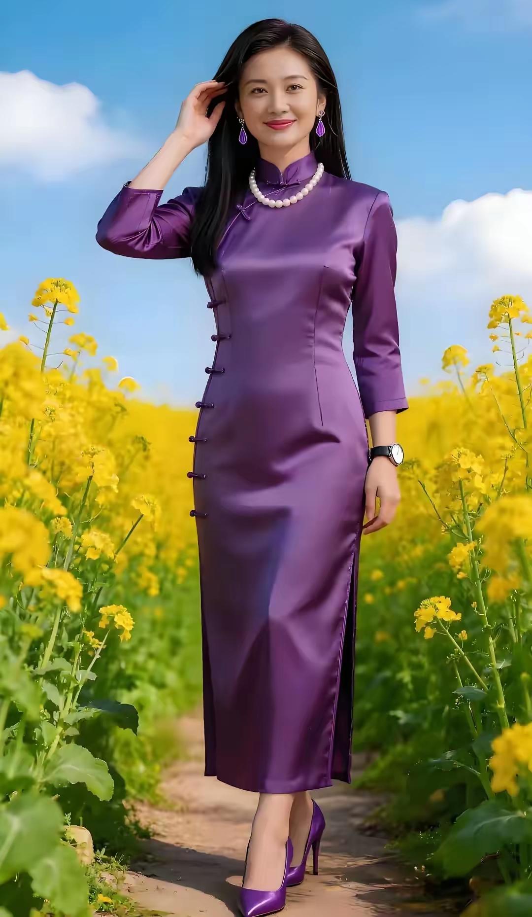 塞鸿秋·花海旗袍
广平铺镇金花闹，
紫袍倩影花间俏。
莘州林苑霓裳耀，
繁森足迹