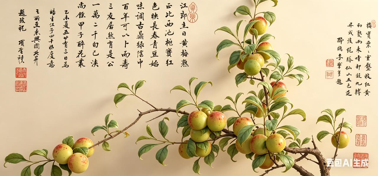 项圣谟这画出来的梅，
半青半红，
像把春天的尾巴，
用笔钉在了纸上！
——明 项