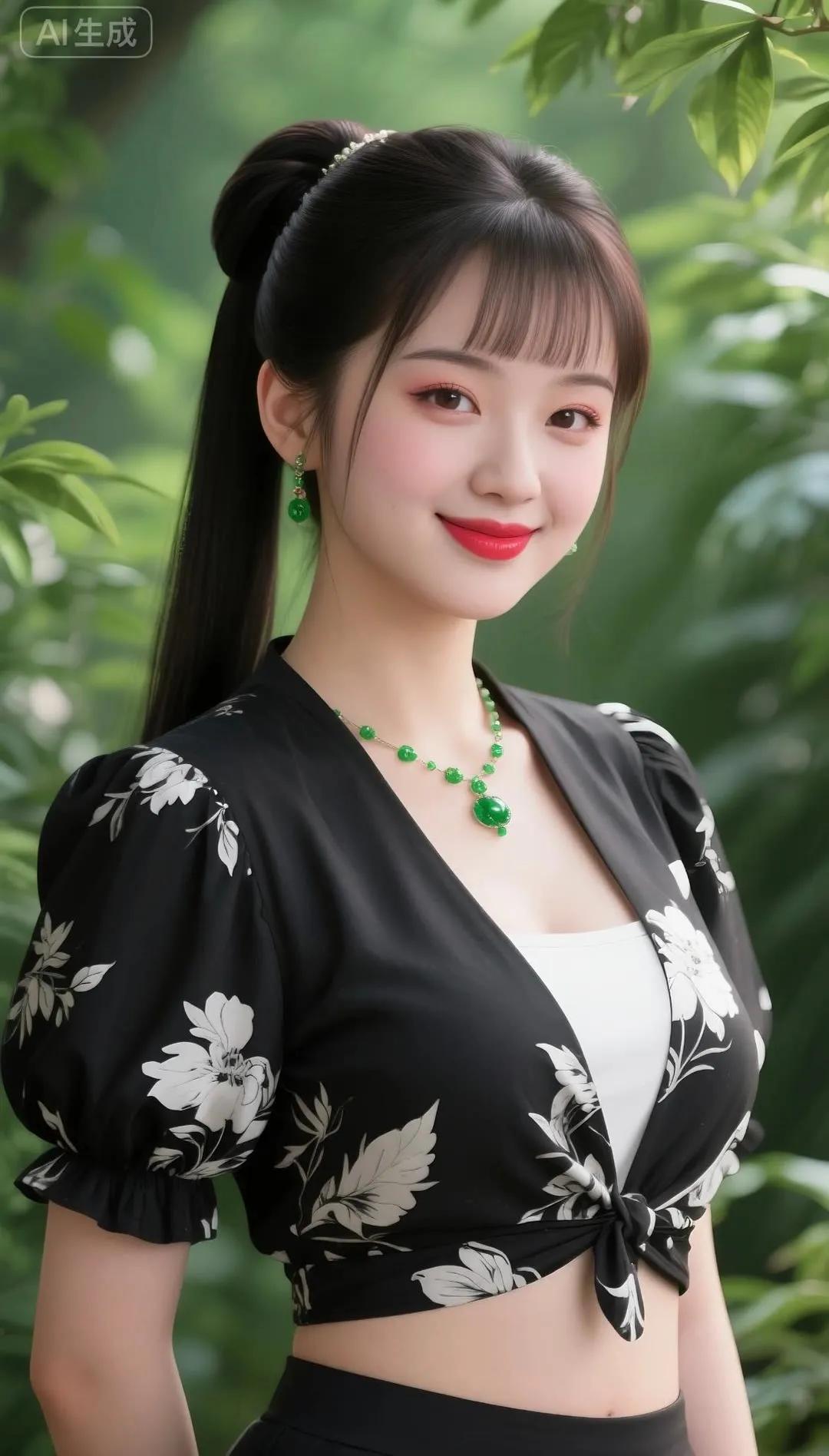 黑发红唇的甜美少女，花丛中的优雅瞬间