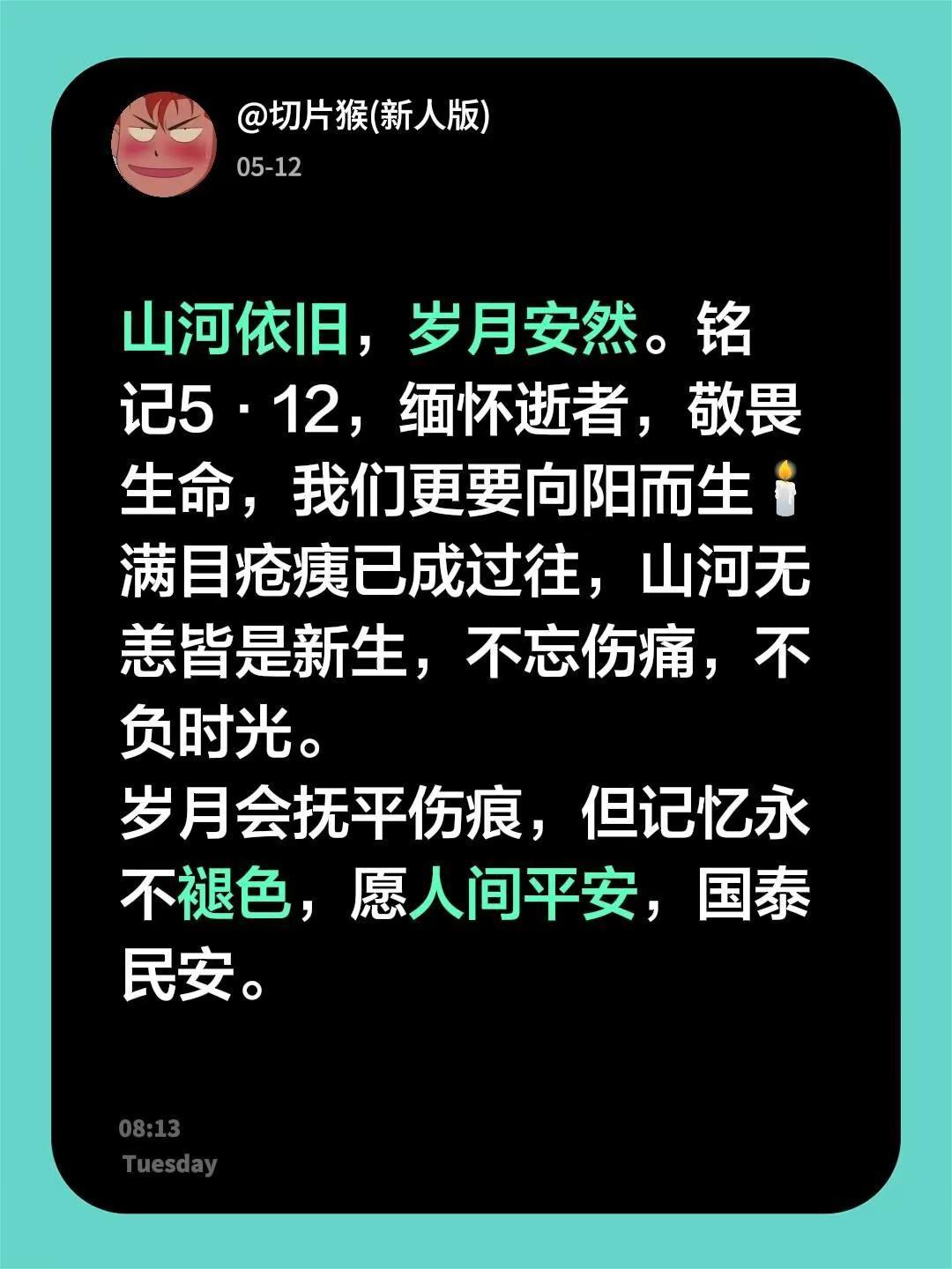 缅怀逝者。山河依旧，岁月安然。铭记5·12，缅怀逝者，敬畏生命，我们更要向阳而生