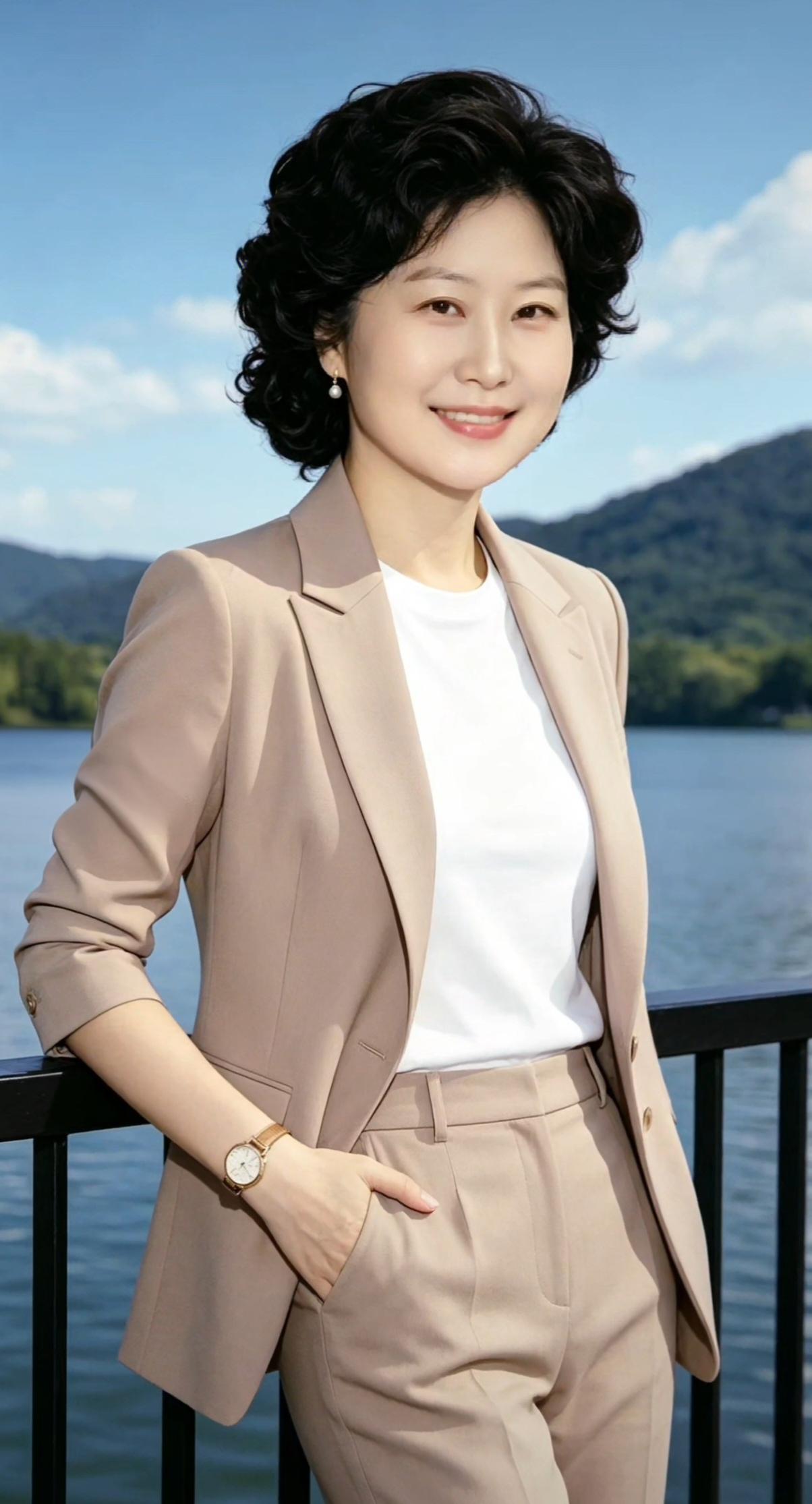 这位女士在湖边微笑拍照。