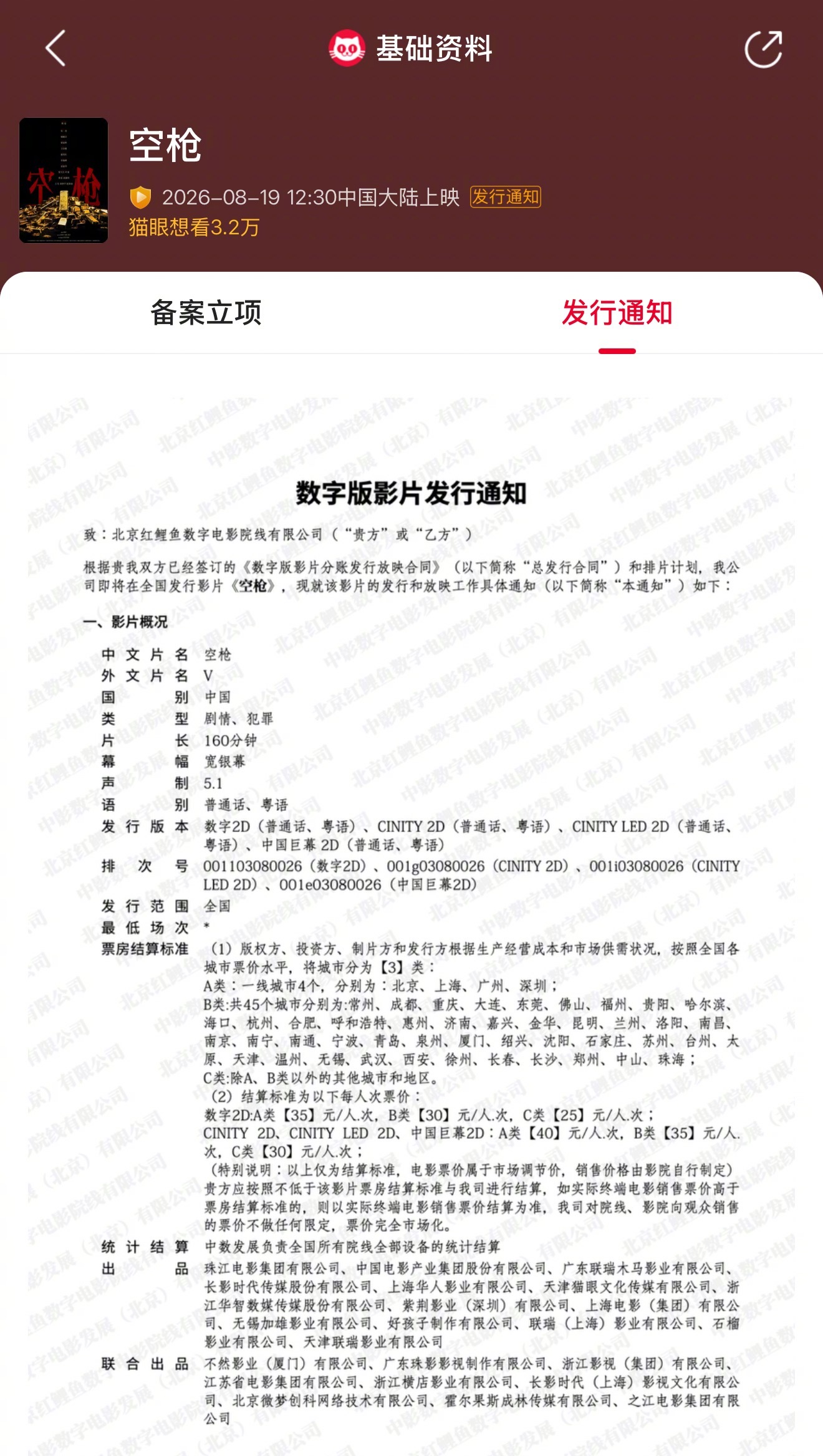 空枪时长160分钟 据猫眼专业版显示，电影《空枪》发行通知已出，片长160分钟，