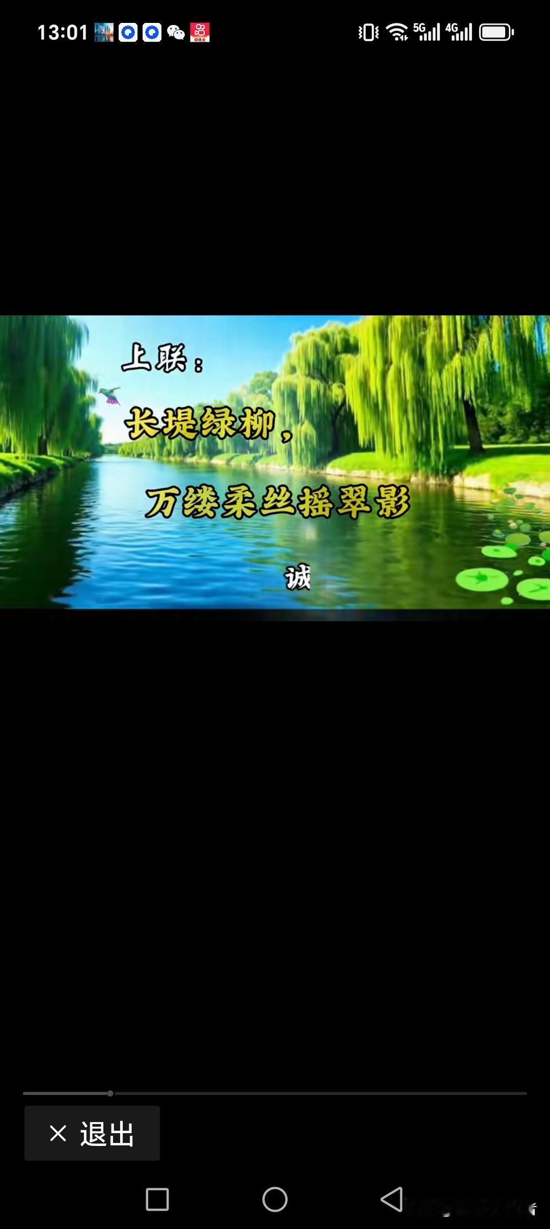 长堤绿柳，万缕柔丝摇翠影
蓝天白云，千里美景镜河中