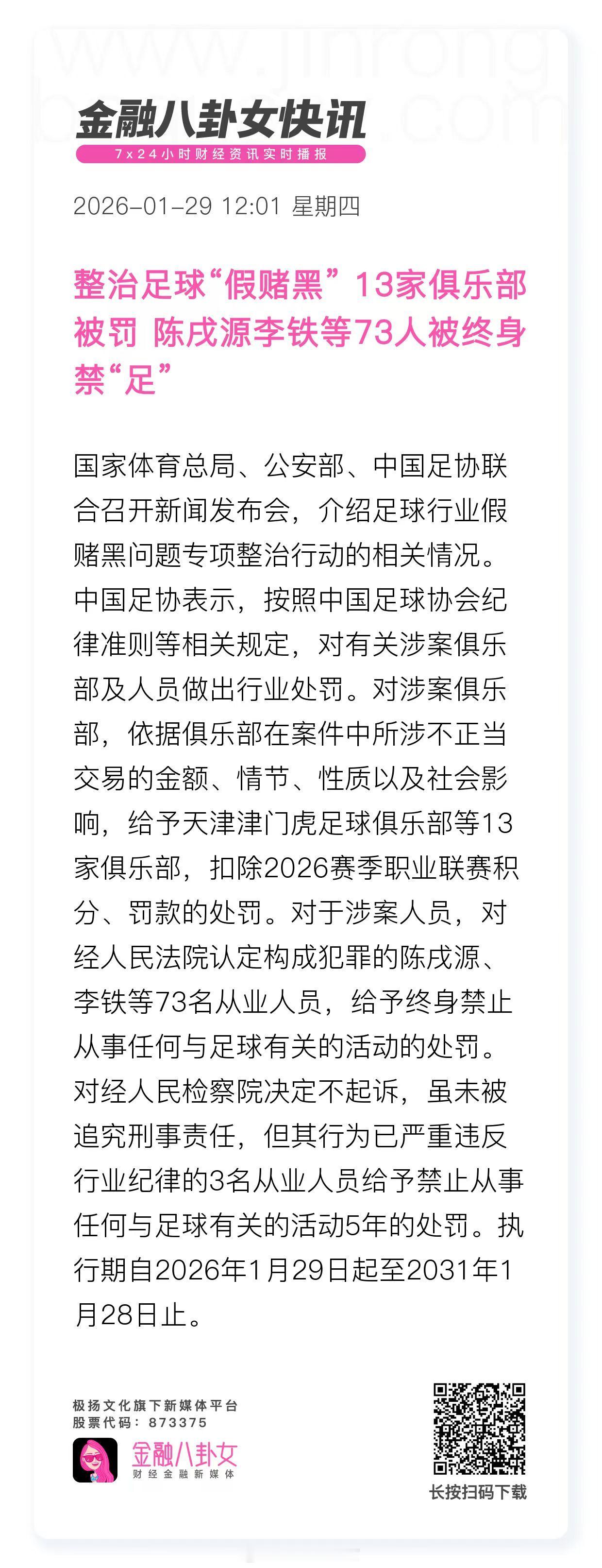 整治足球“假赌黑〞13家俱乐部被罚 陈戌源李铁等73人被终身禁“足” 