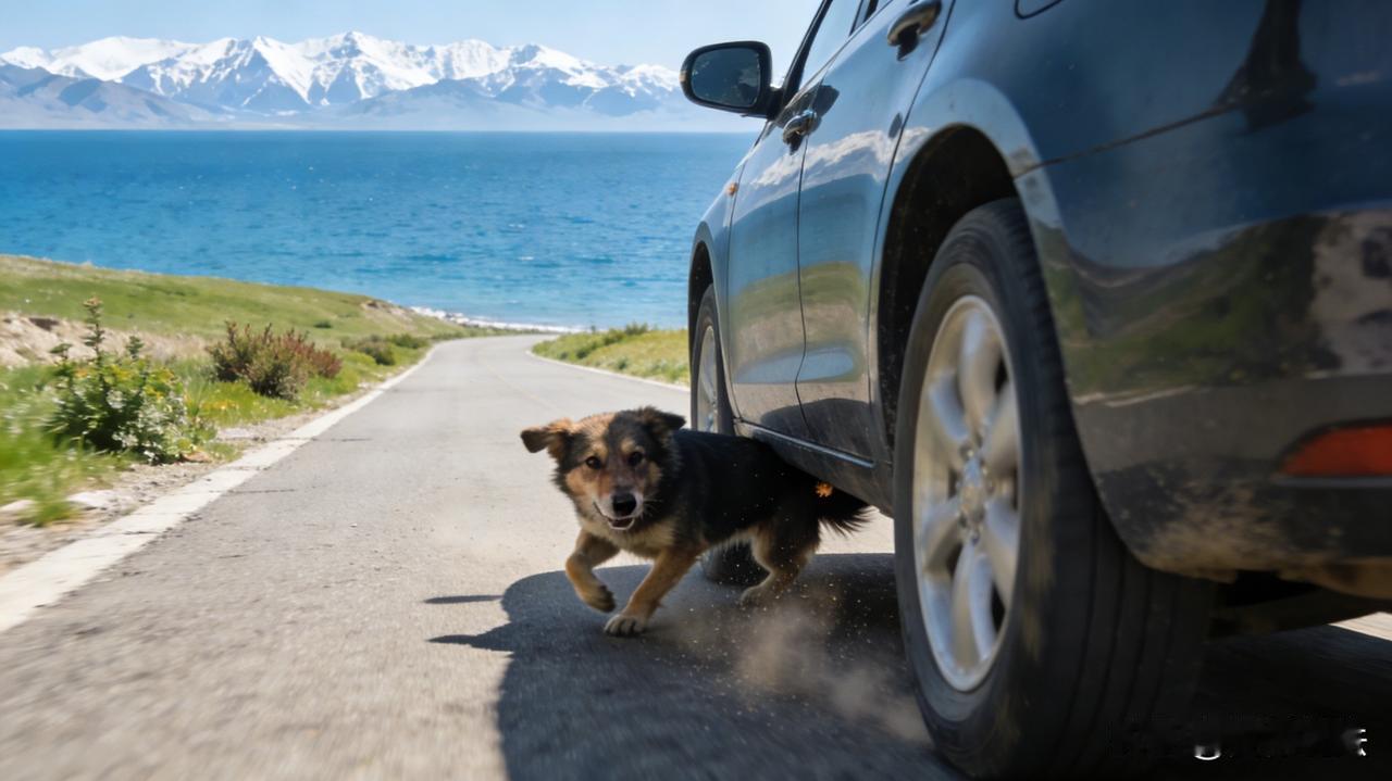 新疆，退休大妈在赛里木湖边遛狗，而且是7只，均没有拴绳。结果，过程中，其中1只狗
