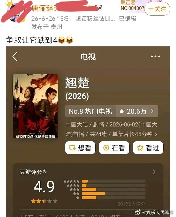 罗云熙大粉号召给陈都灵《翘楚》豆瓣打低分…… 