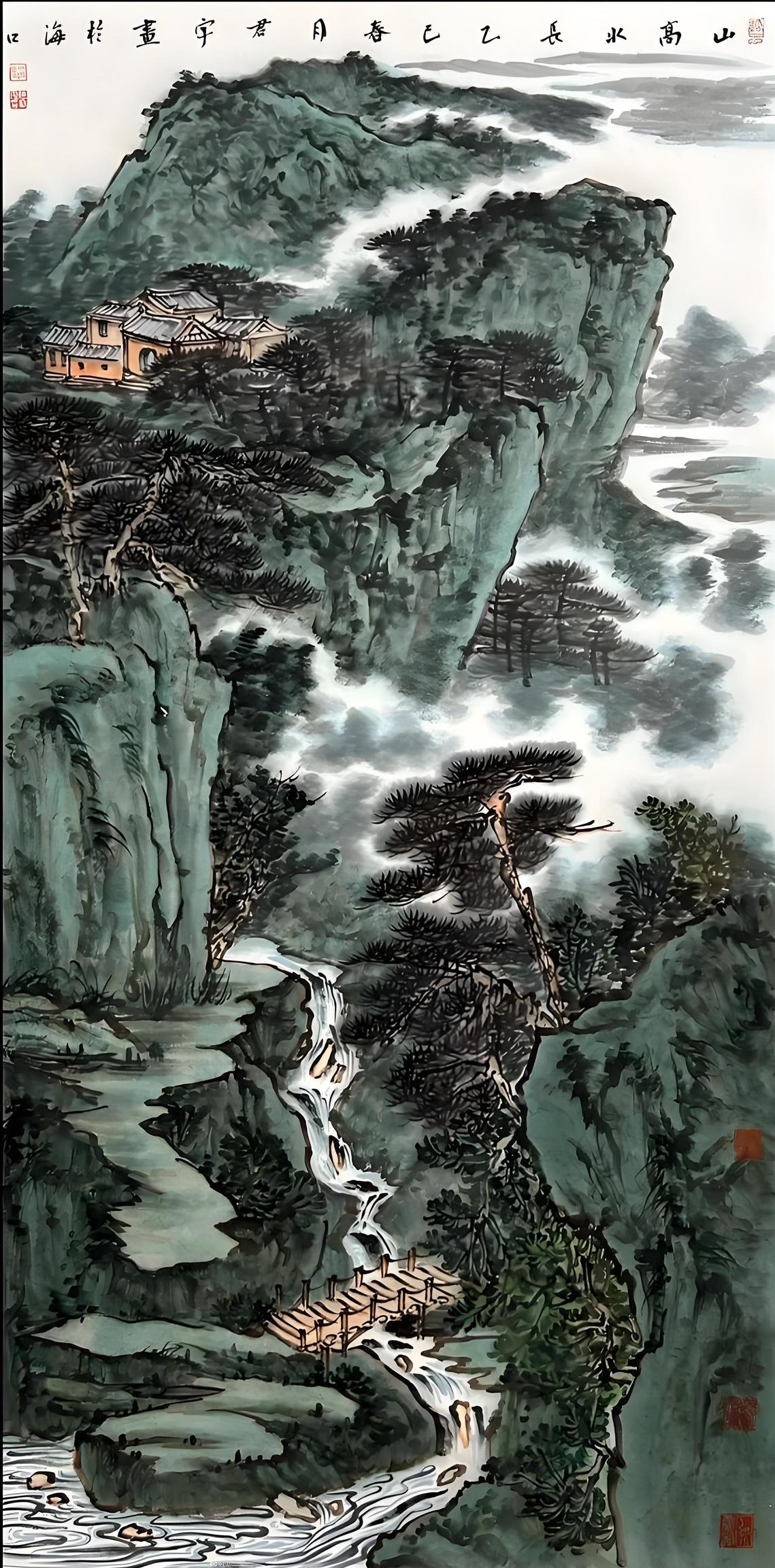 上联：青山不语千秋画，
下联：绿水无言万代诗。
横批：山高水长。
青山对绿水，不