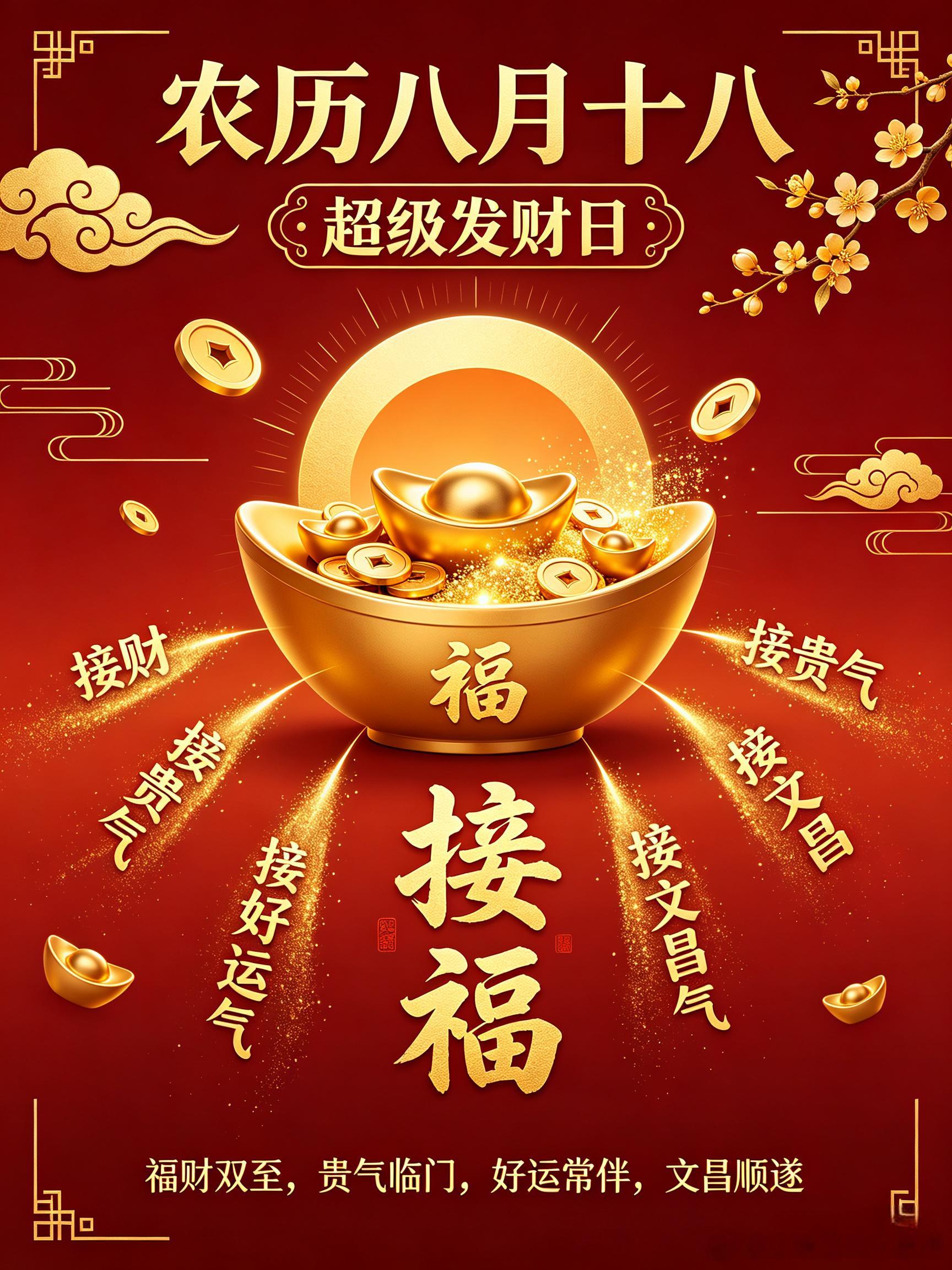 今天是农历八月十八，超级发财日。接福、接财、接贵气、接好运气，接文昌气，上班族或