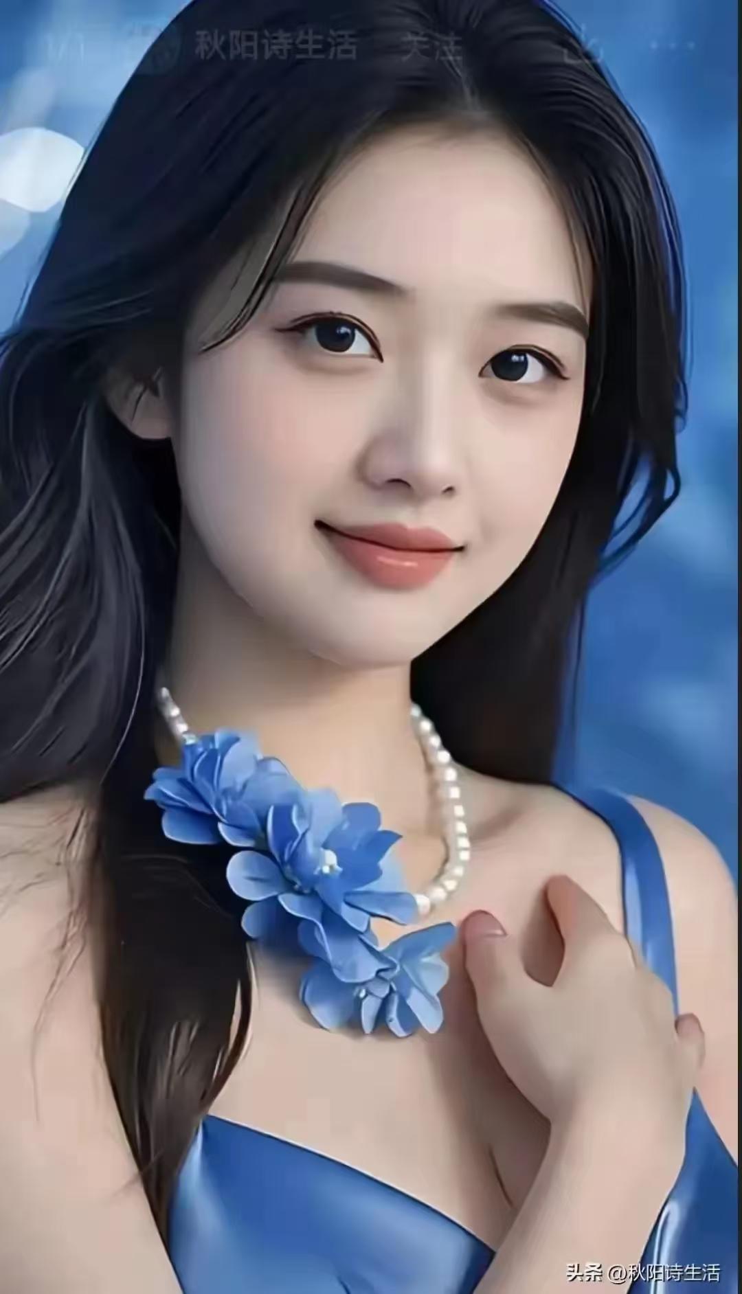 秋阳诗生活，蓝调少女笑眼弯弯，珍珠花饰轻点锁骨，温柔治愈如初见。