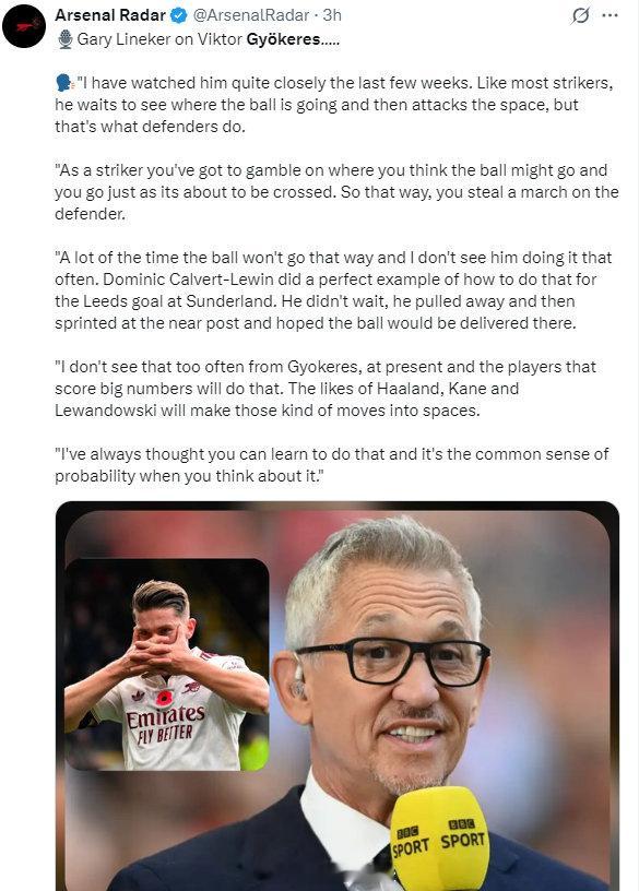 莱因克尔谈约克雷斯：过去几周我一直在密切关注他。像大多数前锋一样，他会等待观察球