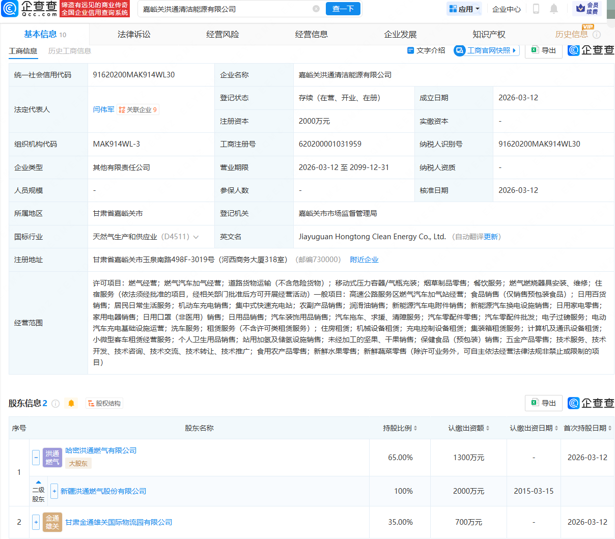 洪通燃气等成立清洁能源公司，含站用加氢业务