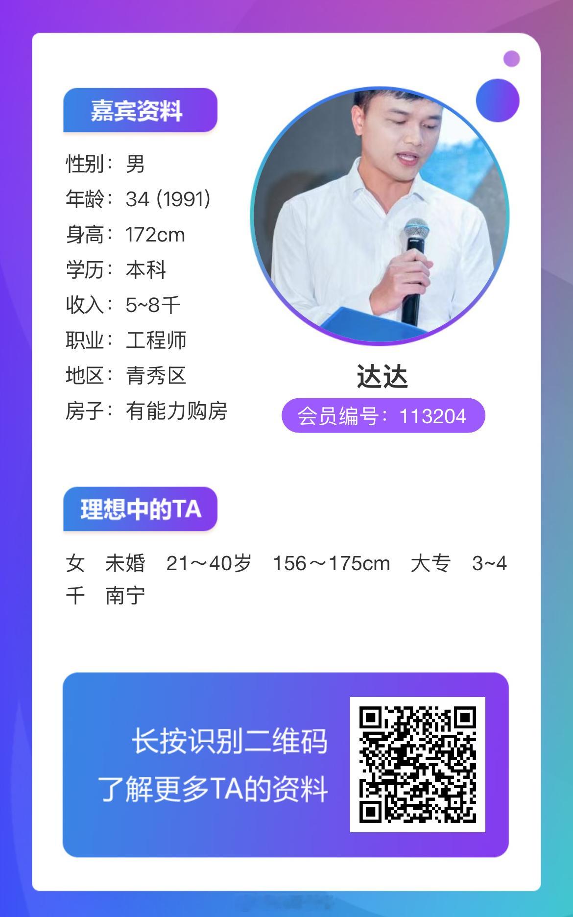 113204男嘉宾：91年，身高172，现居南宁，详情如下↓ 