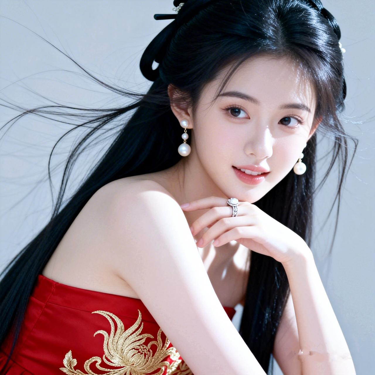 一袭正红抹胸绣金纹，红底金线纹样精致大气，衬得肌肤莹白如雪。乌黑青丝高挽成温婉发