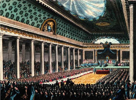 这幅画展示了1789年法国三级会议在选举和投票制度上的矛盾，画面是梅尼大会堂，距