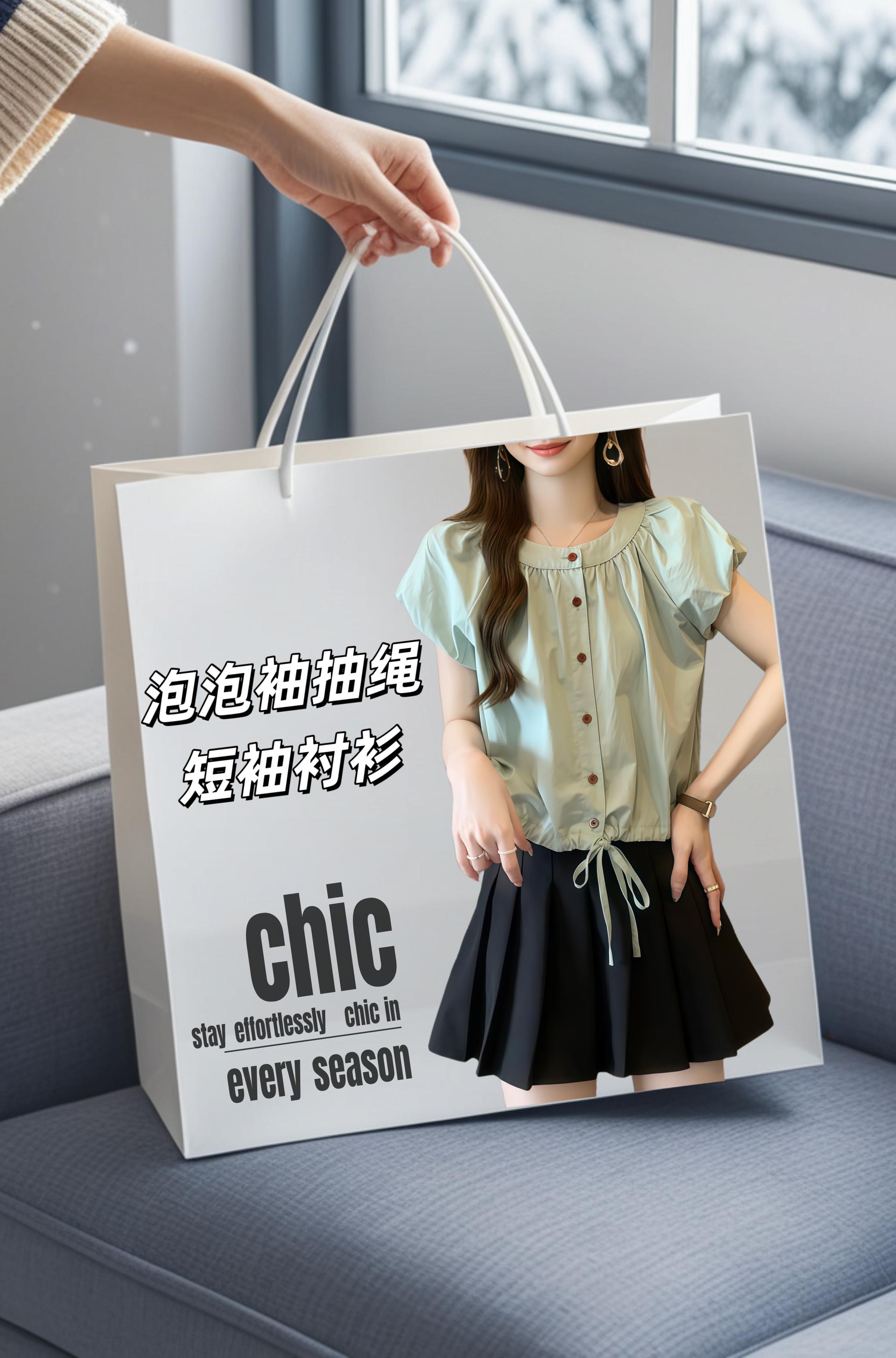 一抹清新色调，勾勒夏日浪漫轮廓。这件短袖上衣，泡泡袖俏皮可爱，圆领温柔...