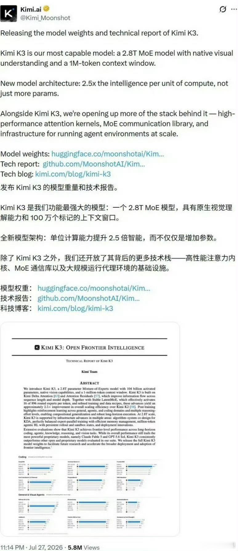 月之暗面正式开源KimiK3这次Kimi K3开源，给我最大的感受就是现在国内大