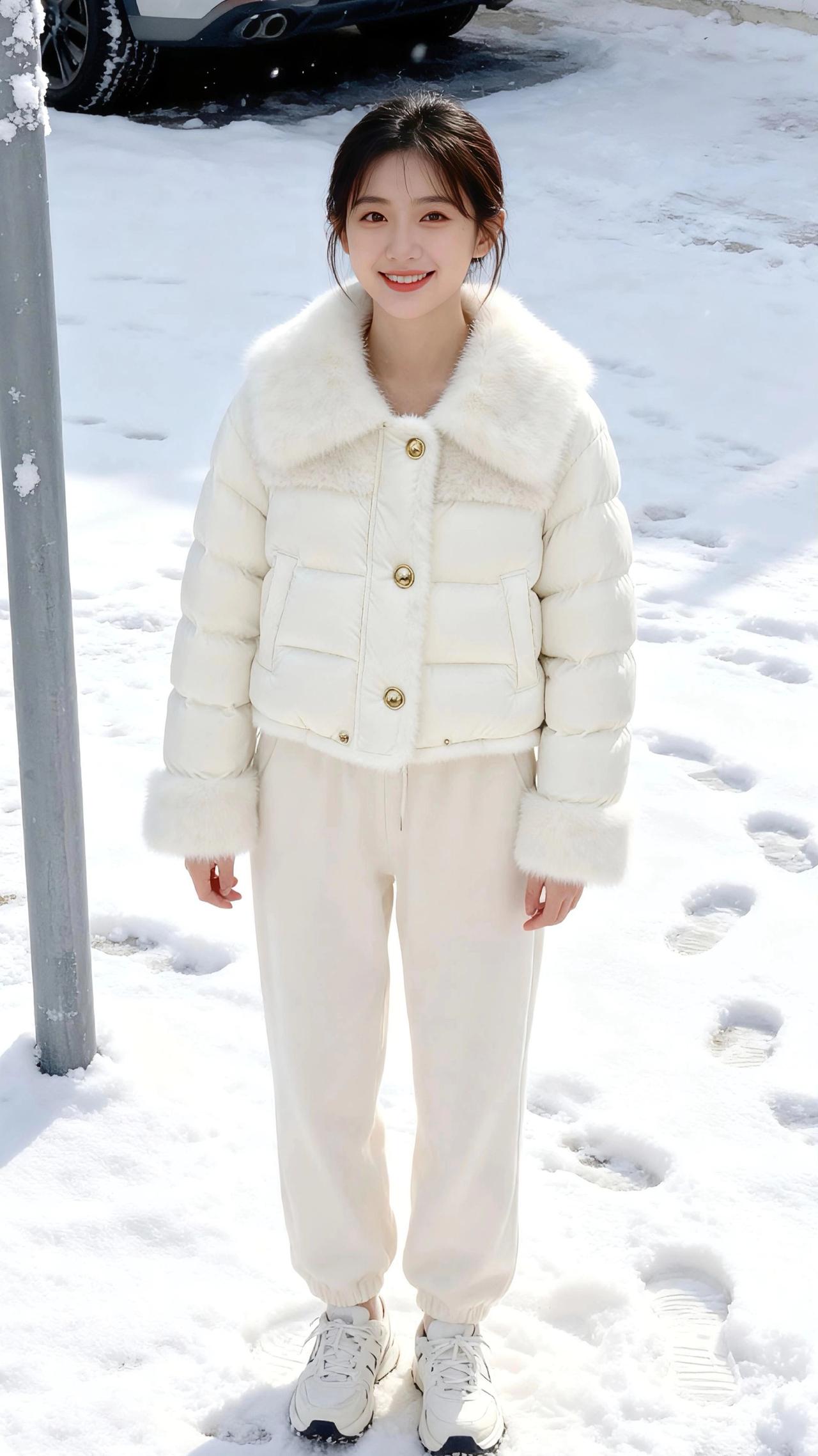 雪落的午后，她裹着那身像团软云的棉服，站在被脚印揉碎的白里。
 
风把柳梢的余温