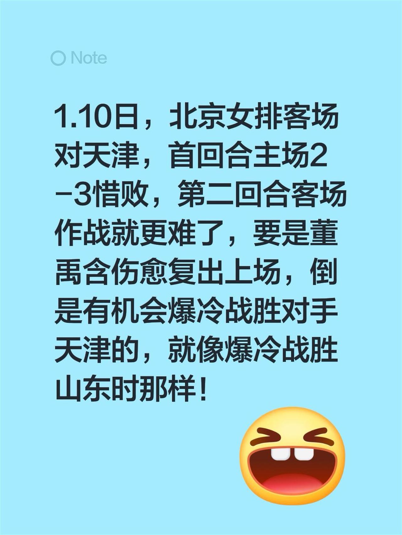 1.10日，北京女排客场对天津，首回合主场2-3惜败，第二回合客场作战就更难了，