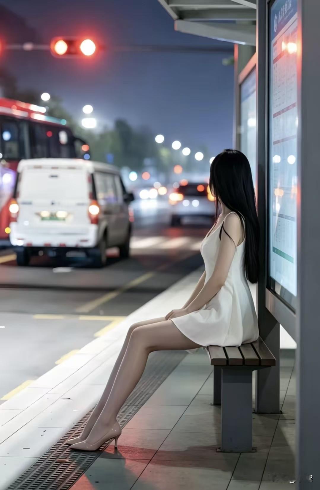 夜色漫过站台，晚风捎来温柔。
一身简约白裙，搭配裸色细高跟，
优雅感拉满，气质又