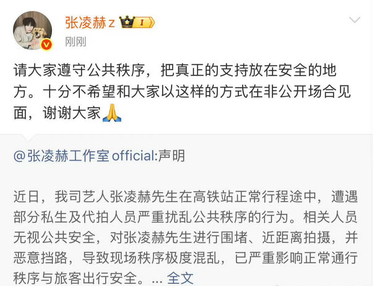 张凌赫工作室发文抵制私生、代拍行为，张凌赫转发称十分不希望在非公开场合见面。 
