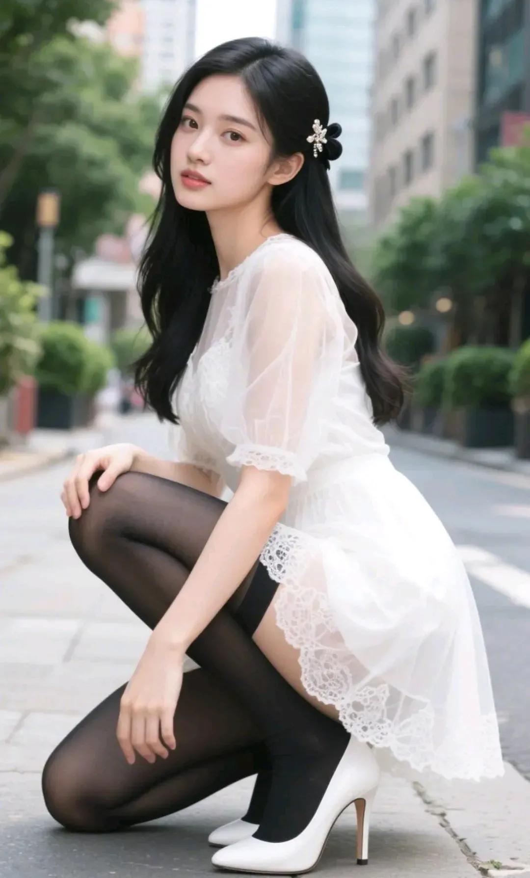 一个穿着白色连衣裙和黑色丝袜的漂亮女孩蹲在路边。