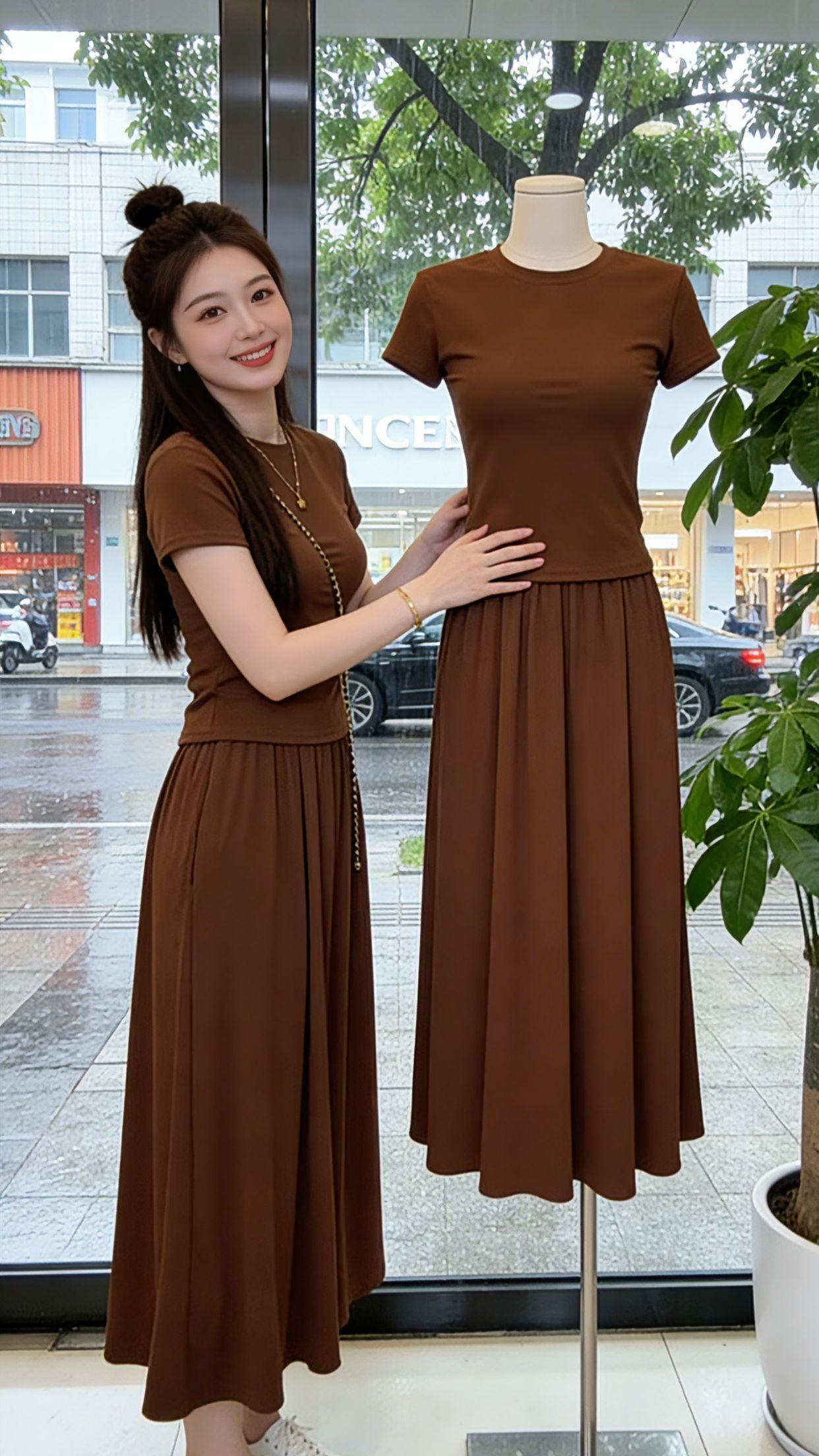 夏天不想费心搭配的姐妹看过来！这套焦糖色两件套太懂夏日了，软糯透气的面料，上身不