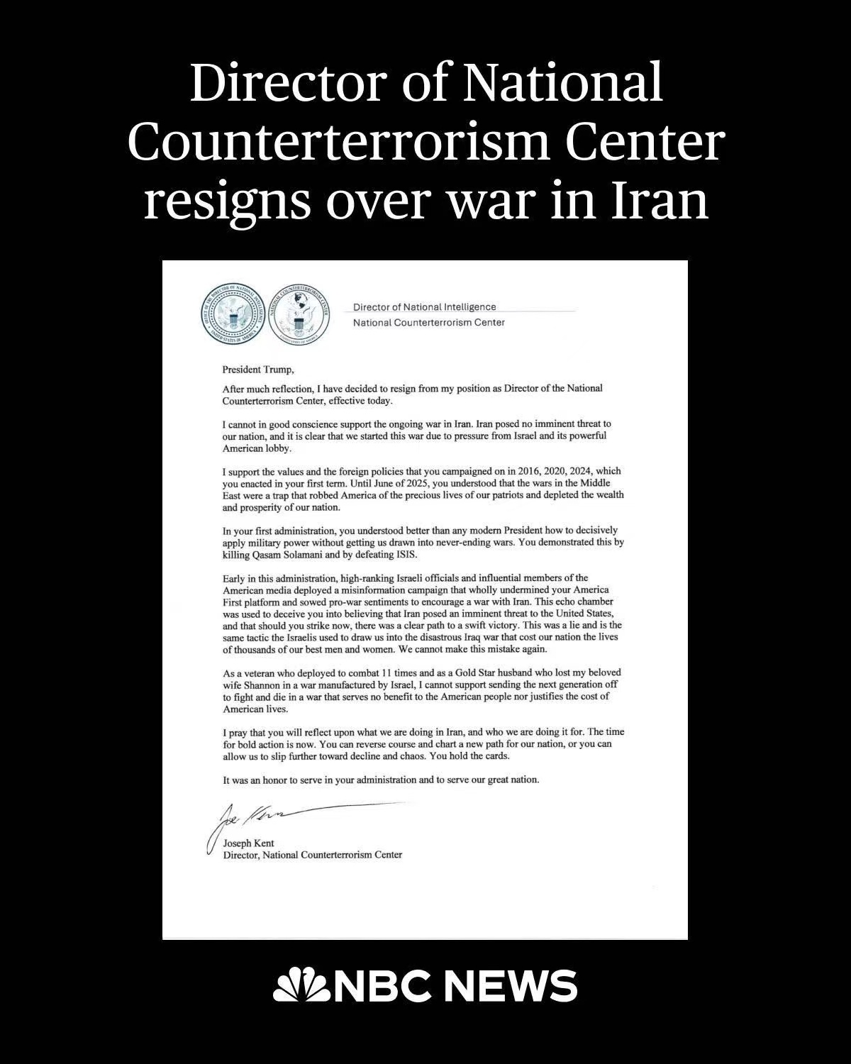 美国家反恐中心主任肯特因反对川普发动对伊朗的战争辞职，还发了公开信。
