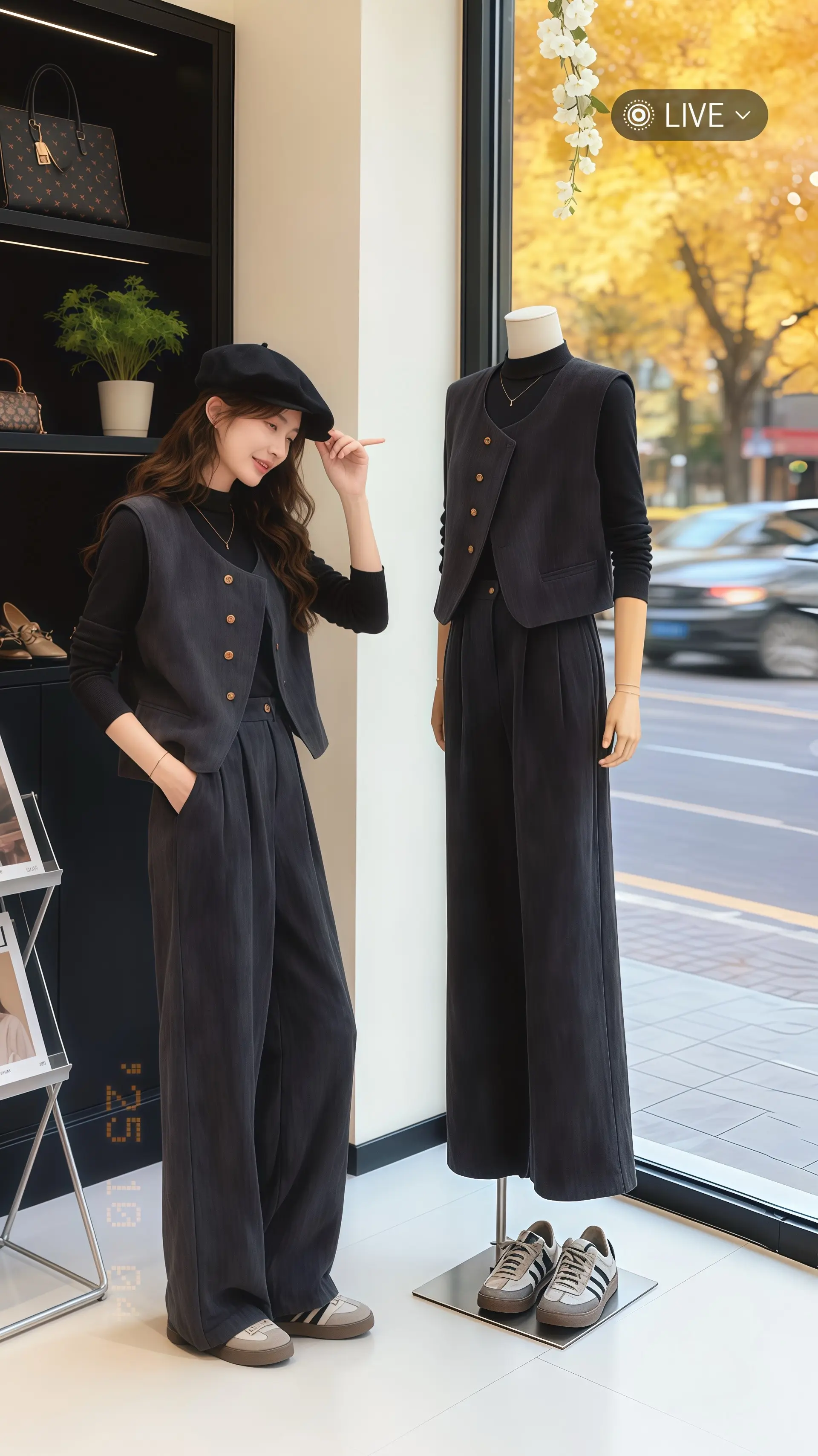 她穿着复古马甲三件套，走进高级感女装店的瞬间，时光仿佛按下慢放键。深灰...