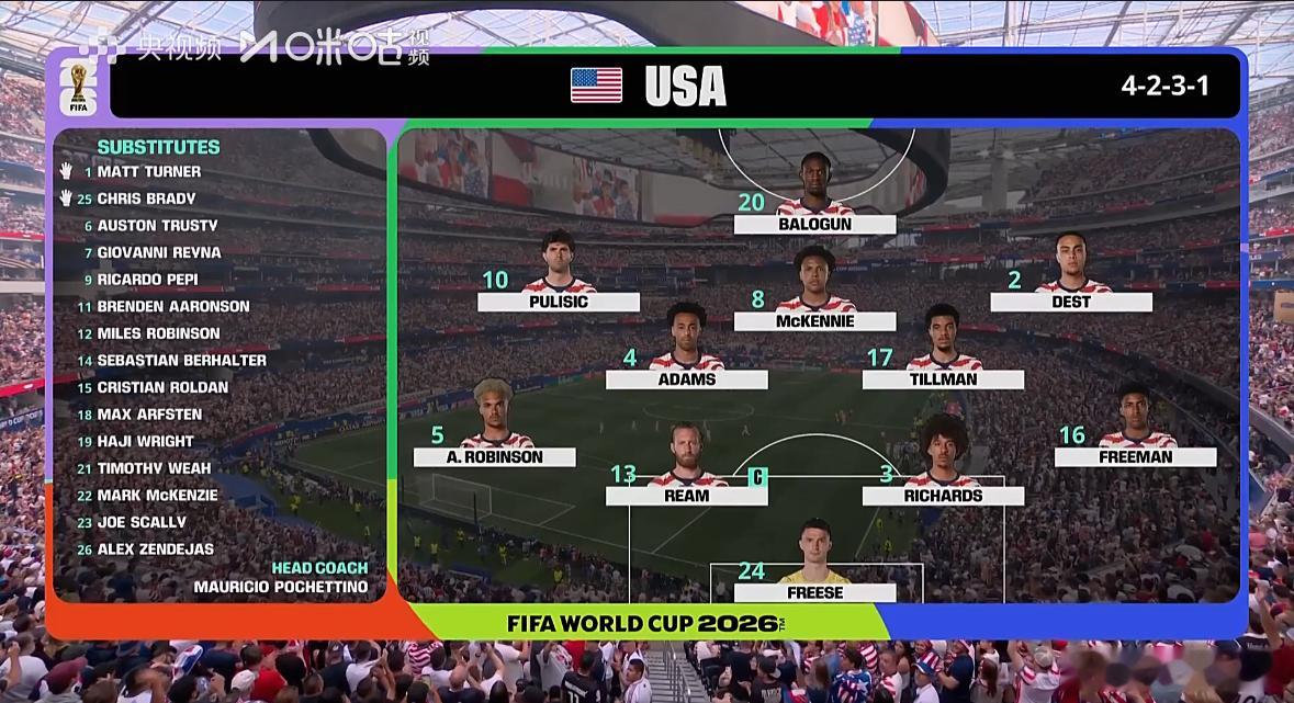 世界杯 第一轮首发【D组】美国VS巴拉圭；澳大利亚VS土耳其 
