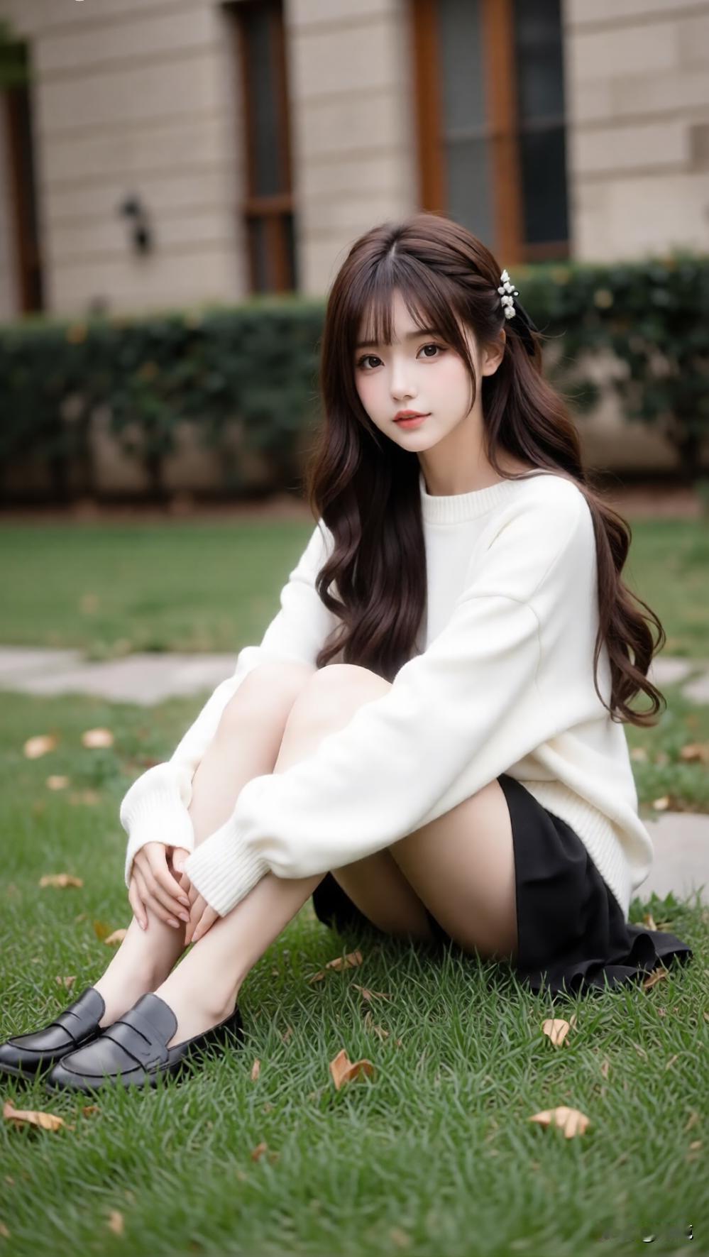 秋日暖阳下，少女静坐草地上，温柔如水。