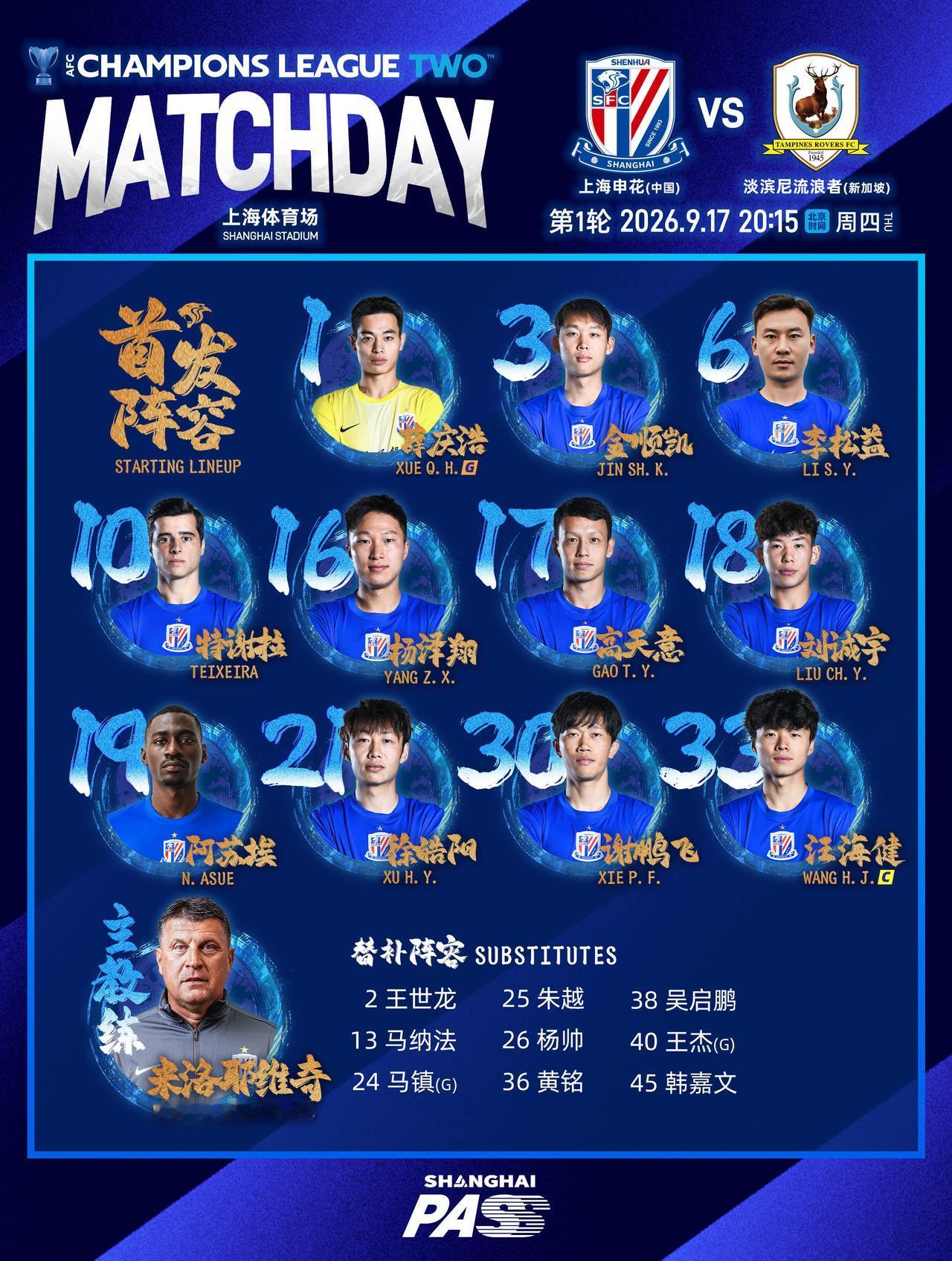 2026/27 亚冠二级联赛第1轮 上海申花 vs 淡滨尼流浪者 首发名单