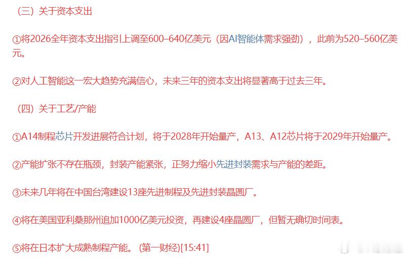 盘后新闻，台积电提高资本开支，对科技股是利好，下半月还有多家巨头公司会陆续公布。