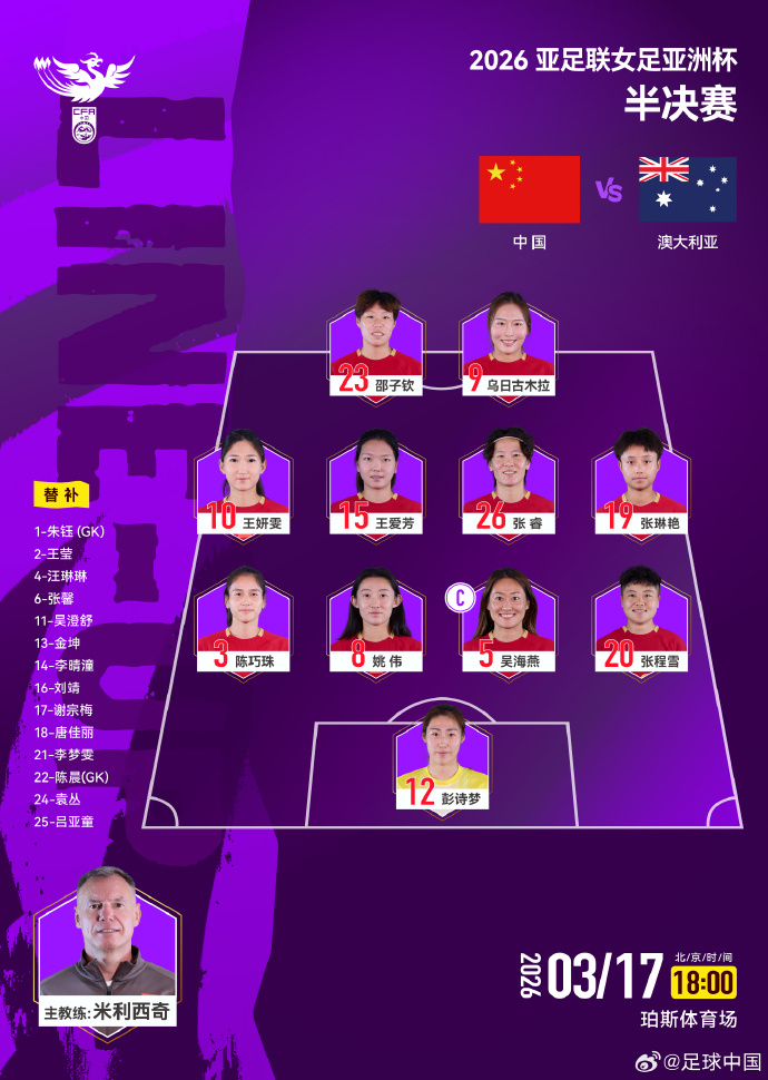 中国女足半决赛首发北京时间今晚18点，女足亚洲杯半决赛，中国女足对阵东道主澳大利