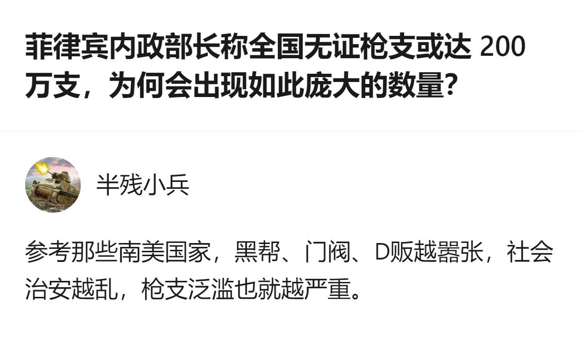 菲律宾内政部长披露该国无证枪支或达200万支，远高于此前50万至60万支的预估，