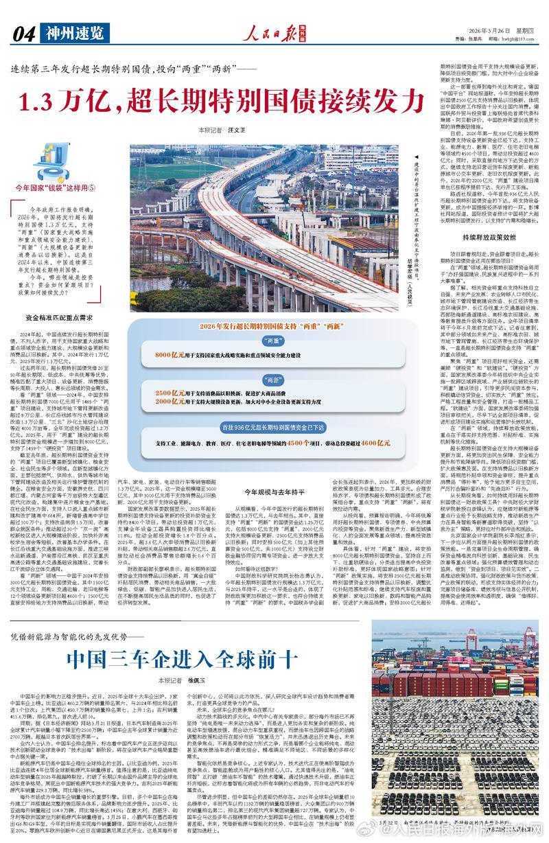 【今日#人民日报海外版导读# |1.3万亿，超长期特别国债接续发力】今日出版的#