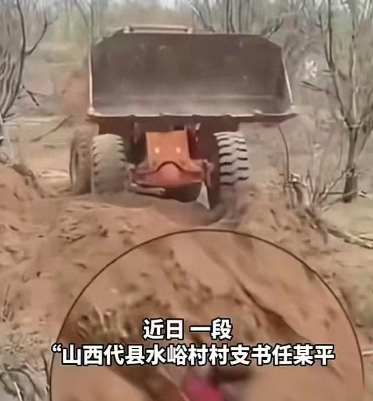 铲车一铲一铲往下推，
坑里的人只剩一个头露在外面：开铲车的是前村支书
一个人站在