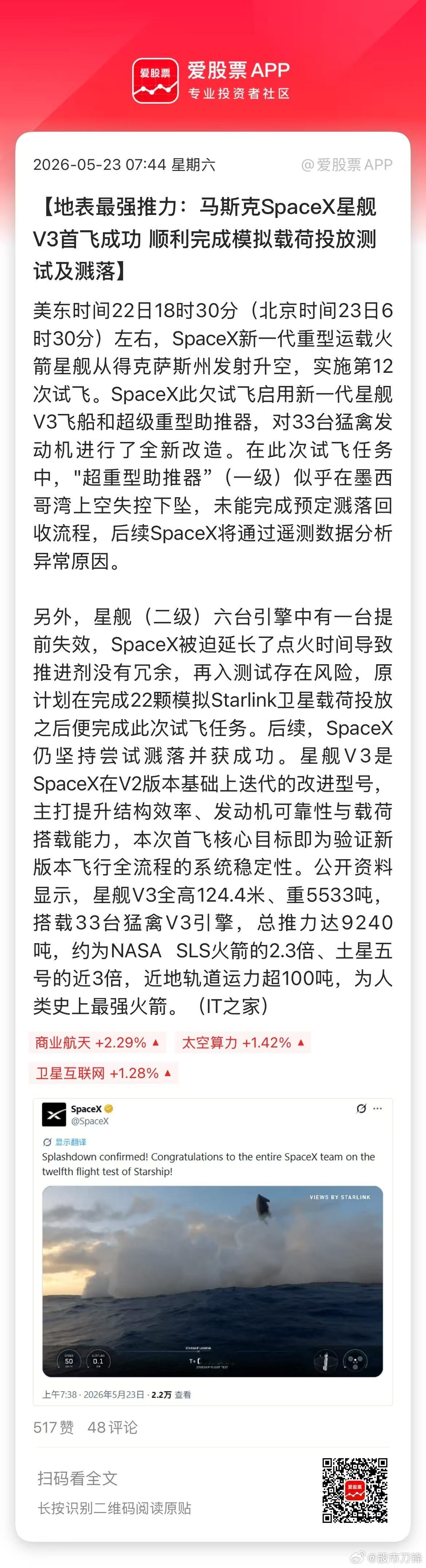 这个周末商业航天利好不少，国外SpaceX升级版星舰V3成功发射！马斯克又秀肌肉