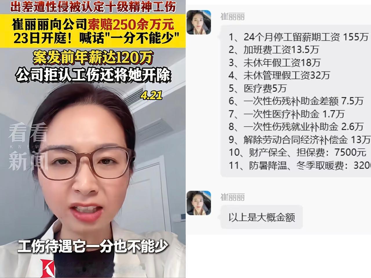 崔丽丽提出的250多万赔偿，看到明细挺好奇的。

她年薪高的时候有120万，这里