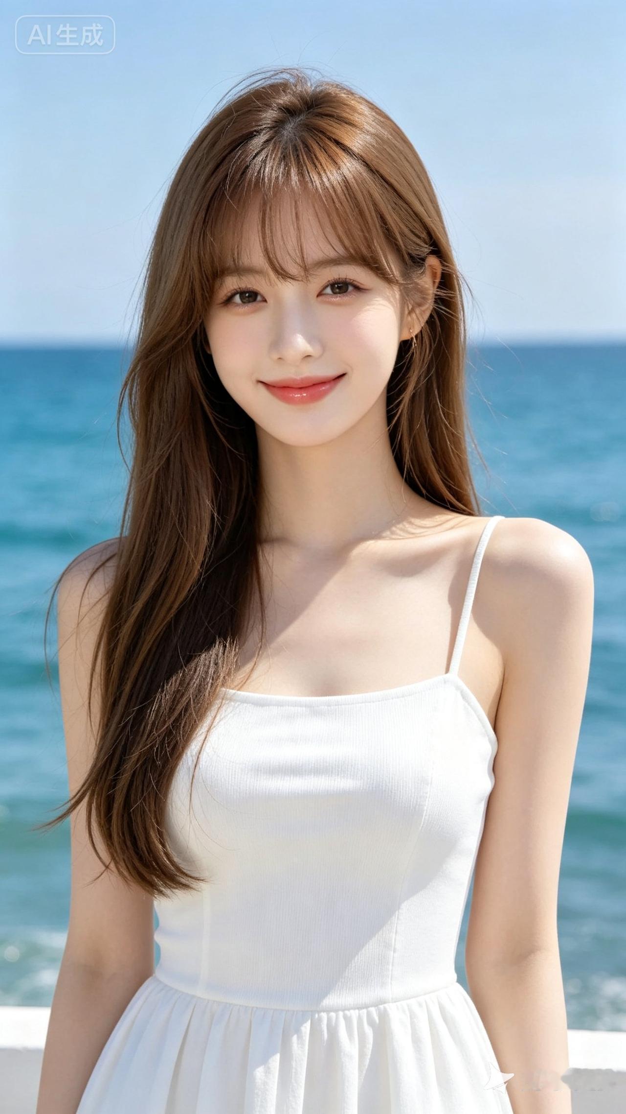 海边少女，清新夏日穿搭，阳光明媚，微笑如画
