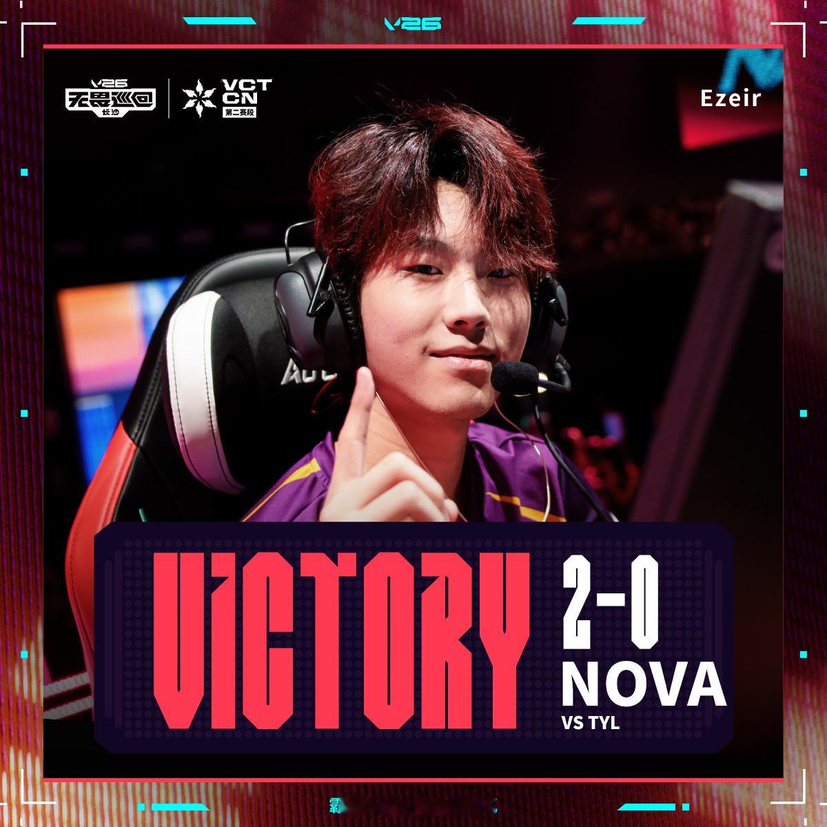 NOVA以2-0完胜TYL，正式锁定2026 VCT CN第二赛段小组头名。Ez