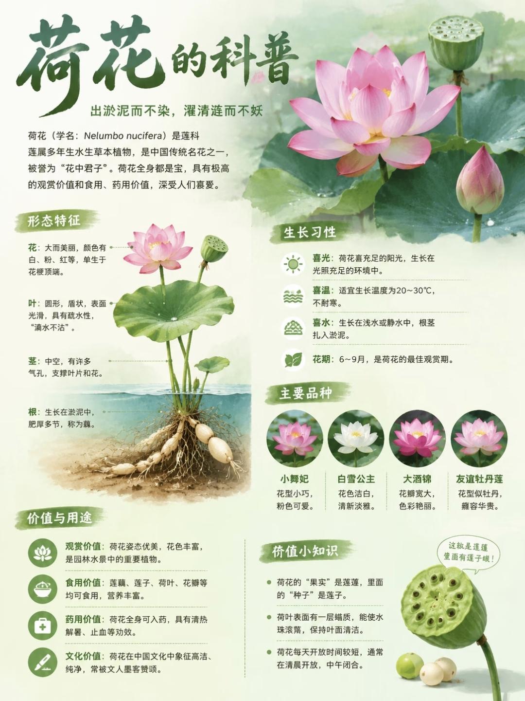 荷花科普小课堂，自古文人最爱荷花，周敦颐《爱莲说》写“出淤泥而不染，濯清涟而不妖