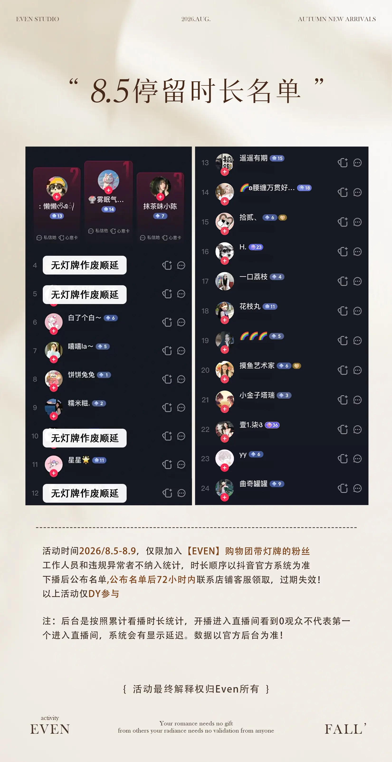 公布一则📩～8.5停留时长名单。