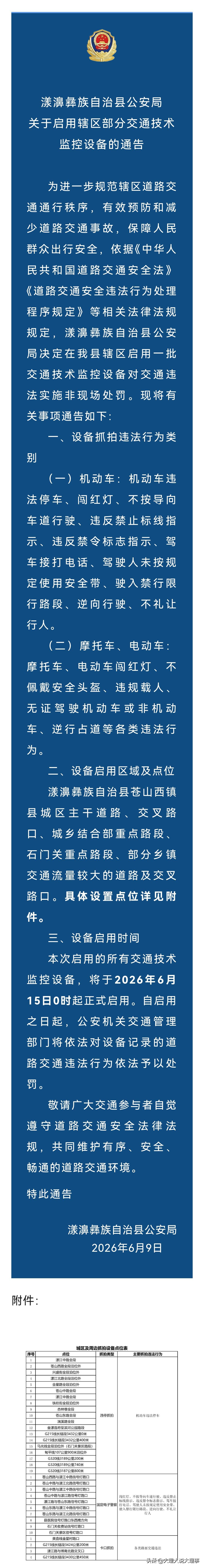 📸6月9日漾濞彝族自治县公安局发了启用辖区部分交通技术监控设备的通告。其实漾濞