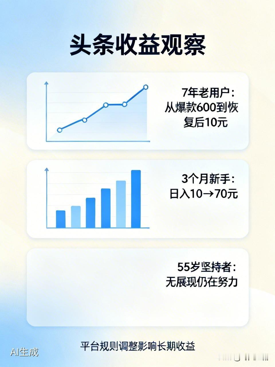 条友们的收益差异还挺大的。有位条友来头条7年，写了4年，之前收益不错，爆款能有六