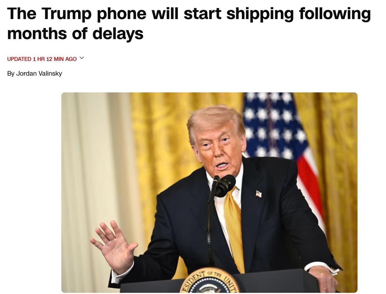 经过数月延迟，特朗普手机开始发货
特朗普移动（Trump Mobile）在其网站