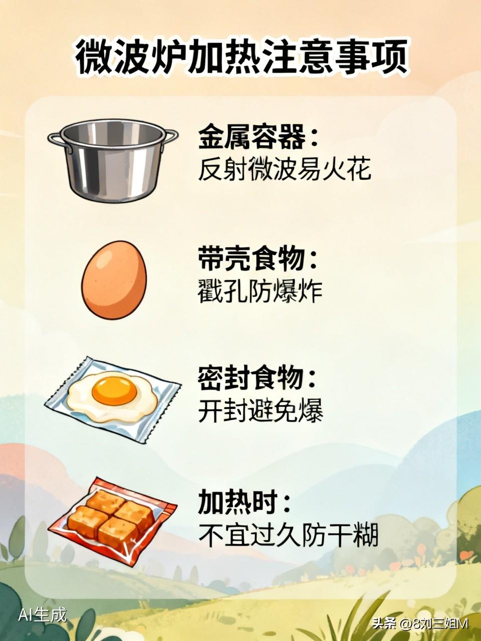 常用微波炉加热食物，这些注意事项要牢记！别用金属容器，如不锈钢碗，金属反射微波易