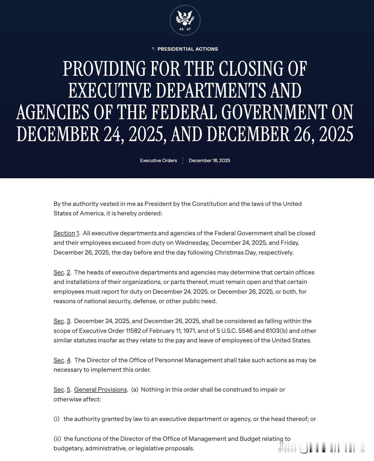 美国总统特朗普签署了一项行政命令，宣布 12 月 24 日平安夜和 12 月 2