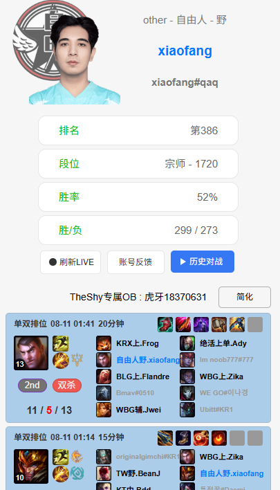 Wenbo rank中，枪哥应该在融入中，看来明日BLG首发上单是枪哥了xiao